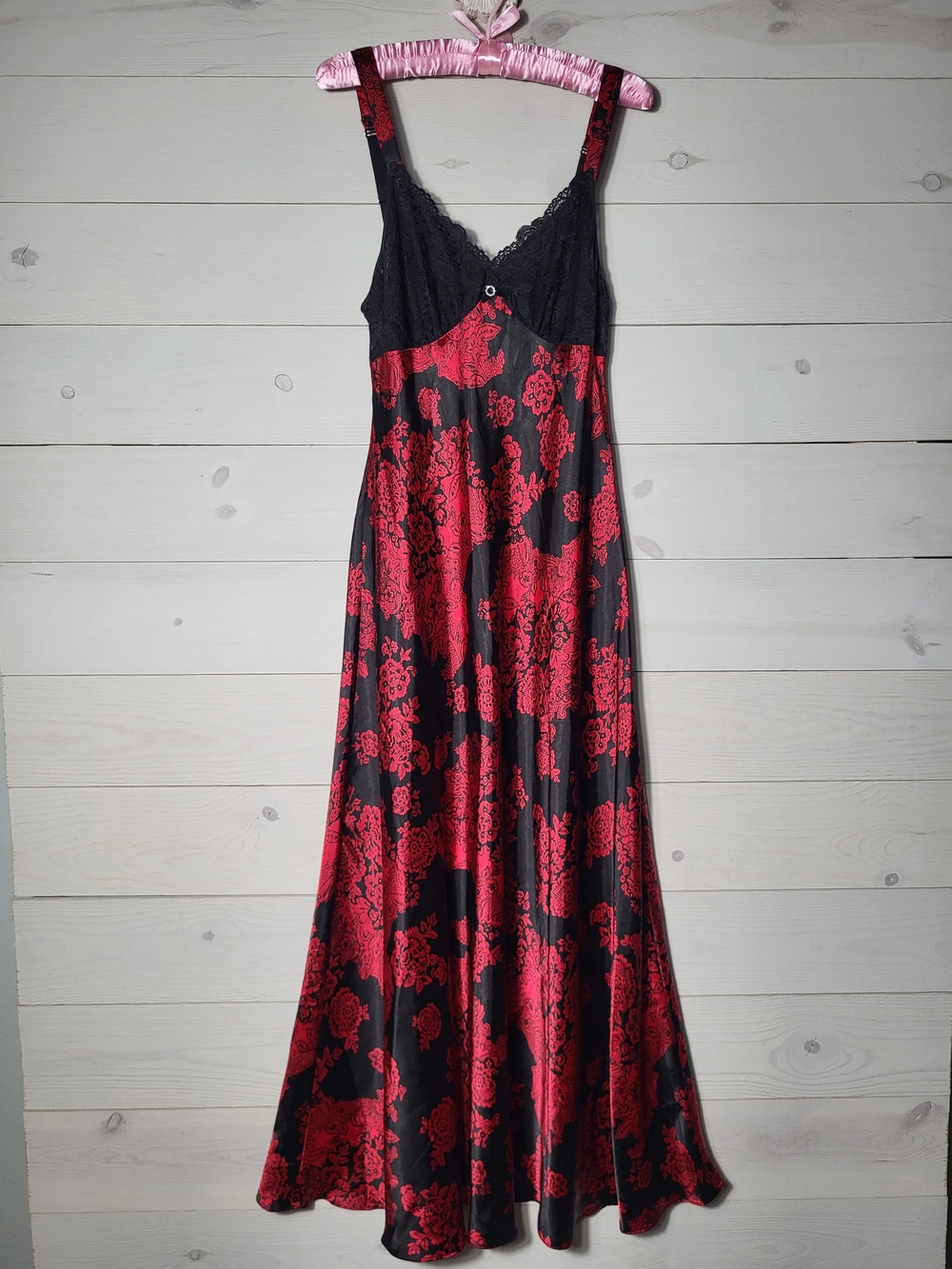 In Bloom Satin Slip Maxi Dress or Nightgown Lace Rhinstone Damask Fairy Goth.